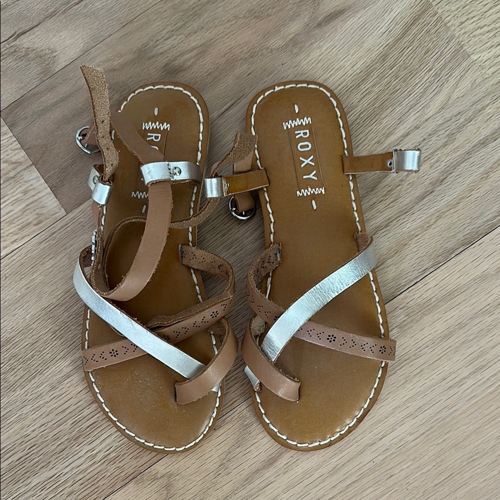 Roxy Tan and Silver Strappy Sandals